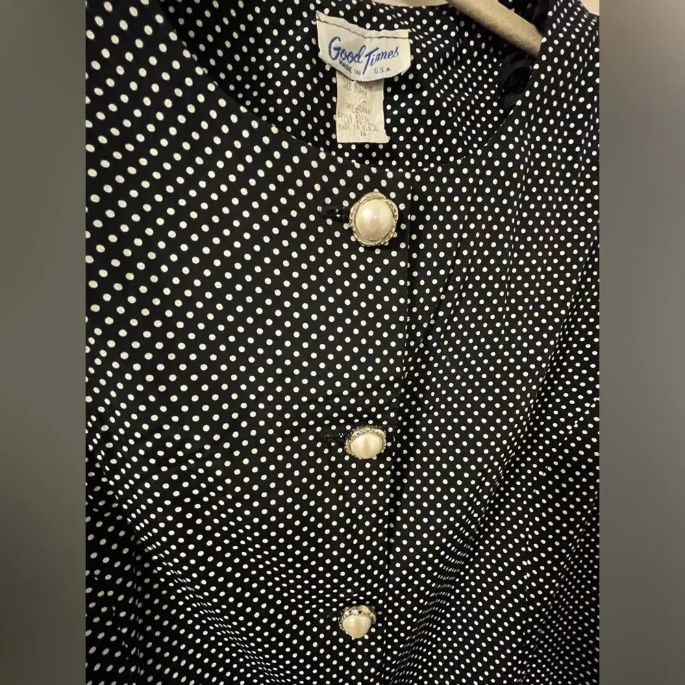 Vintage 80’s black and White Polka Dot 2 piece classic dress w/shoulder pads